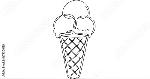 Minimalist one line drawing of ice cream cone with three scoops