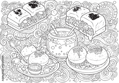 Intricate line art illustration of popular Indian street food Pa