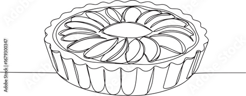 Elegant continuous line drawing of a plum tart, minimalist culin