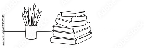 Continuous line art of a stack of books and a complete set of pencils and pens stored in a pencil case. This icon is for a sticker and banner of a stationery store and library. Vector illustration