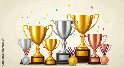 Illustration of golden, silver, and bronze trophies and medals symbolizing victory