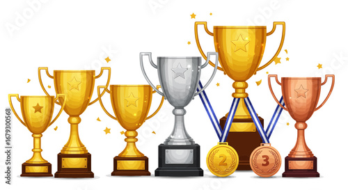 A collection of celebratory awards, trophies, and medals for achievements and success