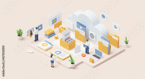 Isometric Illustration of Cloud Computing and Data Management with Team Collaboration
