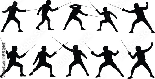 Silhouettes of professional fencers practicing fencing sword techniques, athletic sport, competitive duel, fencing training, fencing poses, sword fighting, action