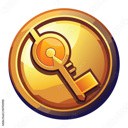 An isolated graphic of a coin with a key, symbolizing access to funds, financial control, or a secure investment. Use for banking security or wealth management services.