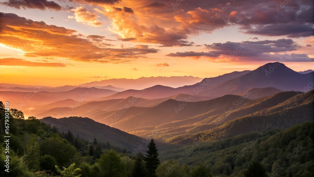 Fototapeta premium beautiful sunset over mountain landscape warm