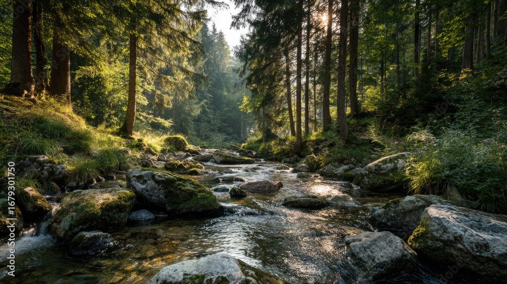 Obraz premium Sunlight streams through a serene forest stream