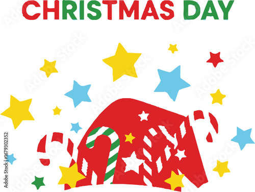 Festive christmas day illustration featuring a santa hat adorned with candy canes and surrounded by colorful stars