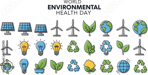 World environmental health day illustration with solar panel, windmill, leaves and globe
