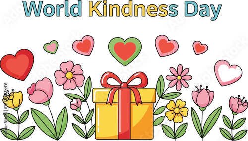 Celebrate world kindness day with a gift box, flowers, and hearts to promote love and compassion