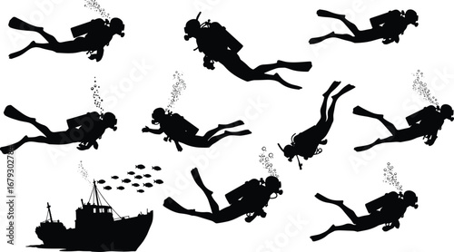 Silhouettes of scuba divers underwater, deep sea diving, scuba diving adventure, underwater exploration, marine life discovery, scuba gear silhouettes, diving bubbles, shipwreck diving