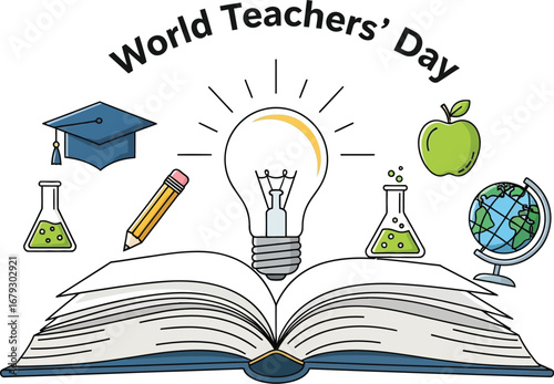Celebrating World Teachers' Day with symbols of education, showing appreciation for educators and knowledge