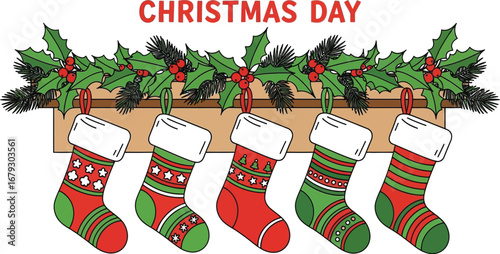 Festive christmas day celebration with colorful stockings hanging from mantelpiece