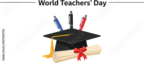 World Teachers' Day with graduation cap, diploma, and pens