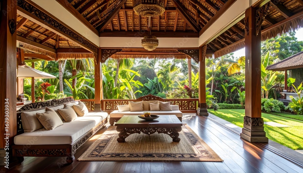 Fototapeta premium Serene Outdoor Living Space in Tropical Setting with Wooden Accents