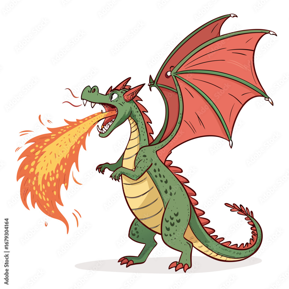 Fototapeta premium Featuring Create Bold Stroke Cartoon Dragon Breathing Fire Vibrant Professional Photo