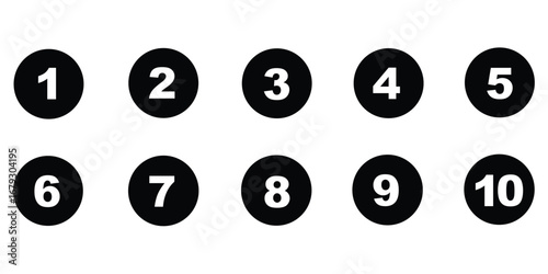 Bullet Points icon set in line style, Simple round numbers in flat style, Set of 1-10 numbers simple black symbol sign for apps, UI, and website, vector illustration.