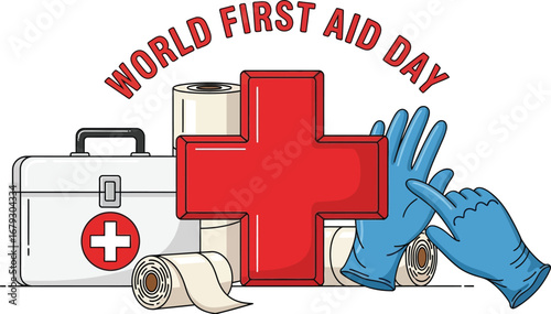 World first aid day illustration with medical kit, cross, gloves and bandage