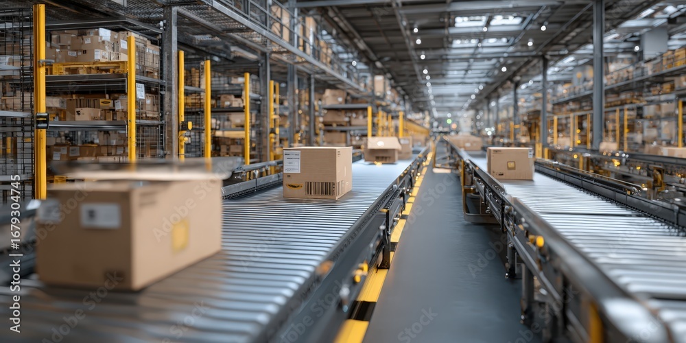 Fototapeta premium E-commerce fulfillment warehouse, automated conveyors, boxes, clean safety signage, depth lines, high clarity 
