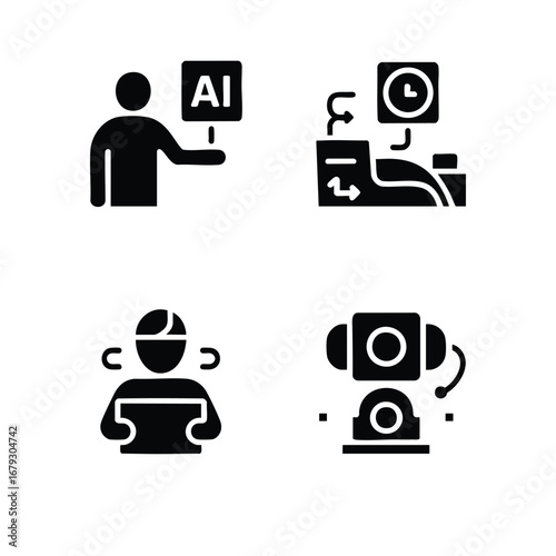 AI impact on jobs icon set job creation + sign, job displacement - sign, reskilling person with new skill, automation.
