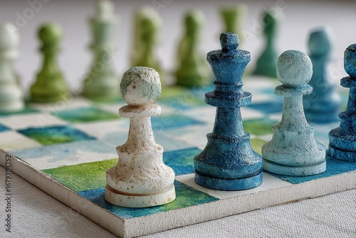 Colorful chess pieces in a strategic game on a vibrant board at a cozy indoor setting