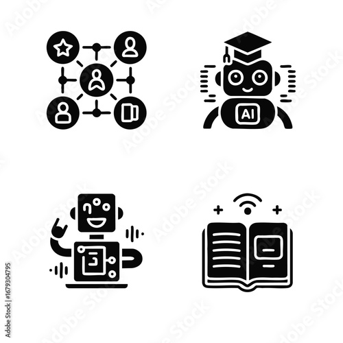 AI in education icon set, 4 icons personalized learning path, AI tutor robot with graduation cap, automated grading, smart textbook.