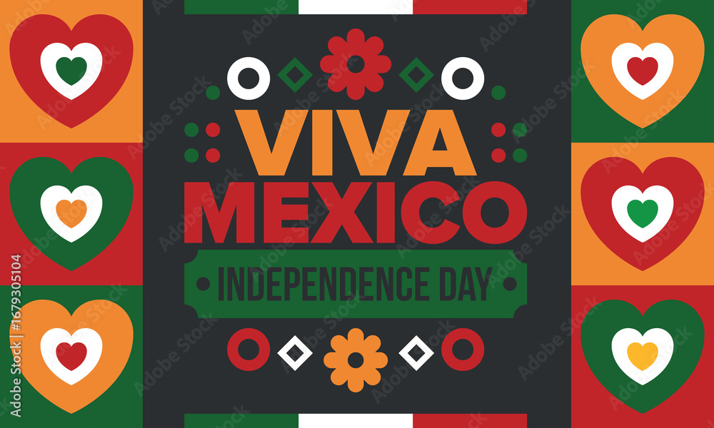 Naklejka premium Viva Mexico. Mexican Independence Day. Happy holiday. Celebrate annual in September 16. Freedom day. Patriotic mexican design. Poster, card, banner, template, background. Vector illustration