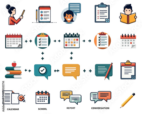 A collection of icons on the theme of school infographics about calendar usage and school report discussions with colorful icons and text elements
  
