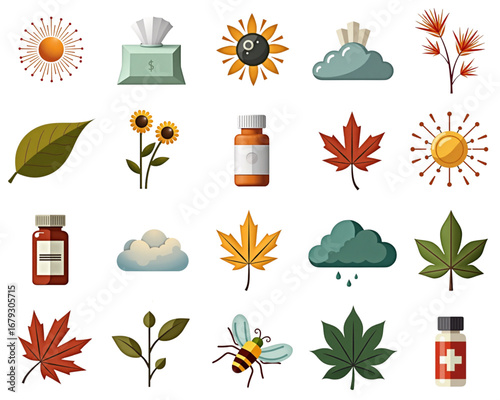 Colorful autumn allergy season illustration featuring pollen, leaves, and allergy medication 


