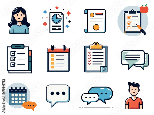 Colorful icons depicting a student with task lists, schedules, checklists, and communication elements
