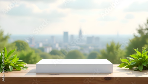 A white podium on a wooden table with a blurred city background and green plants around it