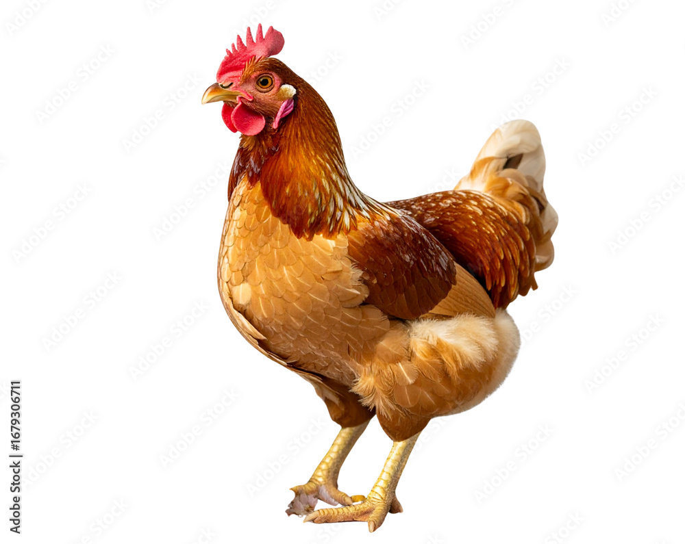 Fototapeta premium Hen Standing Amid Flowers with Easter Eggs, angled side view, isolated on transparent background PNG