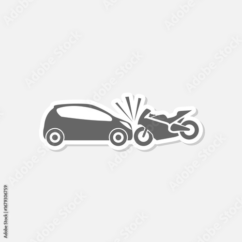 Collision with motorcycle black glyph icon sticker isolated on gray background