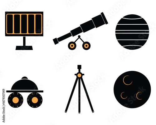 Astronomy Science Exploration Icons: Telescope, Planet, Moon, Solar Panel and Rover Illustration
