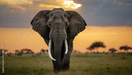 A lone bull elephant with large tusks walks across the savanna at sunset, a striking image of African wildlife