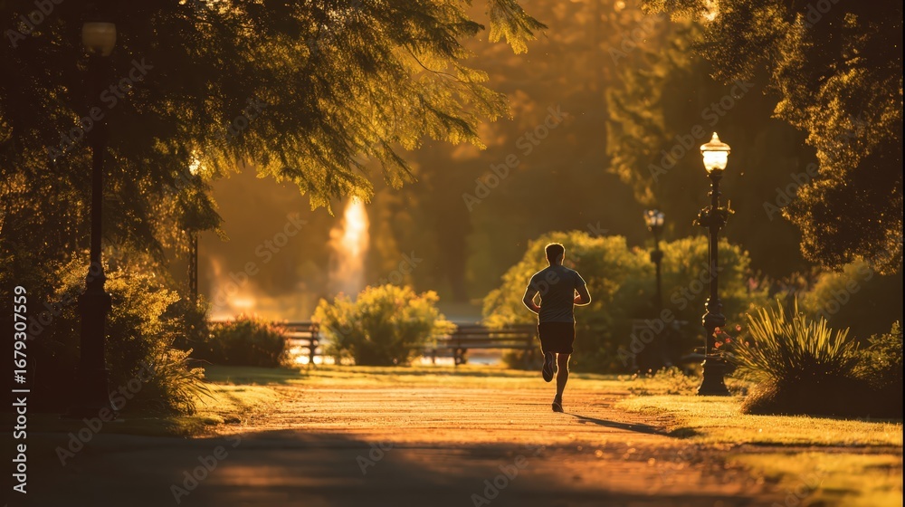 Fototapeta premium Man jogging in a park, golden hour, 