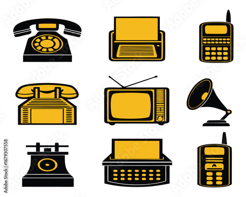 Vintage Communication and Media Devices: Telephones, Typewriters, Television, and Gramophone Icon Set