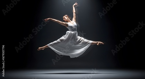 Graceful female dancer performing grand jeté in flowing white dress ballet modern movement elegance freedom spotlight artistic power