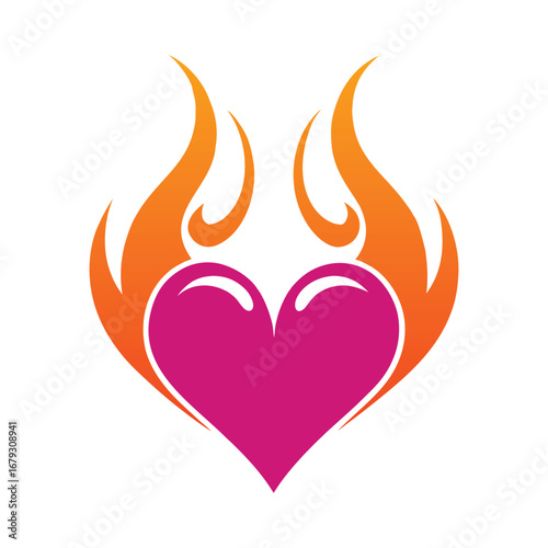 Pink heart with orange flames graphic design love fire