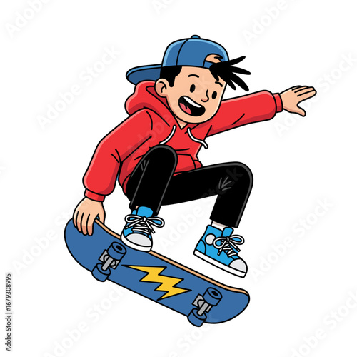 A playful cartoon illustration of a young boy wearing a red hoodie and blue cap while performing a skateboard trick in mid-air