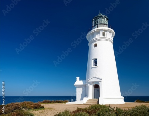 Wallpaper Mural close up of classic white lighthouse against blue sky soft natural light space for text national lighthouse day Torontodigital.ca