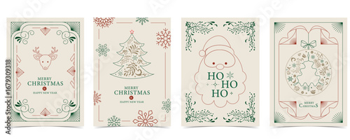 Minimal art deco with christmas tree,wreath,santa Claus outline.vector illustration for Christmas party invitation card, postcard, menu ,print, social media template