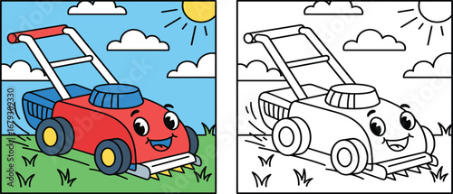 Cheerful Cartoon Lawnmower Actively Cutting Grass on a Sunny Day, Ideal for Gardening, Outdoor Chores, and Home Maintenance Themes