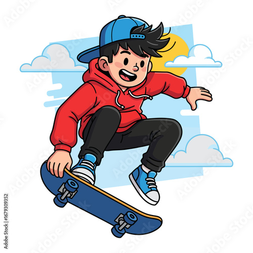 A playful cartoon illustration of a young boy wearing a red hoodie and blue cap while performing a skateboard trick in mid-air