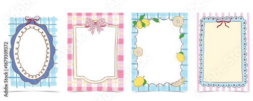 bow,lemon vintage frame on pink gingham background coquette style.vector illustration for birthday party, invitation card, social media template