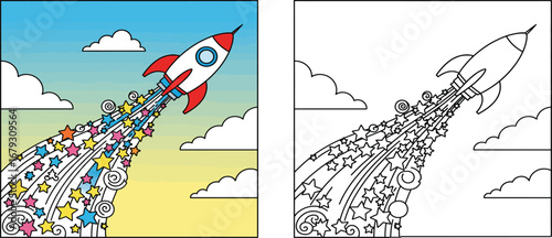 Whimsical Cartoon Rocket Launching with a Trail of Colorful Stars and Swirls, Symbolizing Progress, Innovation, and Space Exploration for Children's Themes