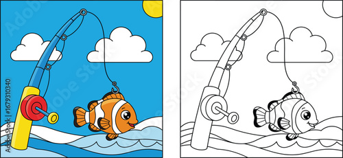 Adorable Cartoon Clownfish Caught on a Fishing Rod in a Sunny Ocean Scene, Ideal for Children's Books, Fishing Hobbies, and Marine Life Illustrations