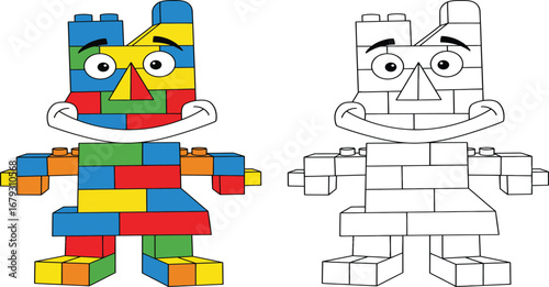 Adorable Cartoon Character Made from Colorful Building Blocks, Perfect for Children's Toys, Creative Play, Education, and Construction-Themed Designs
