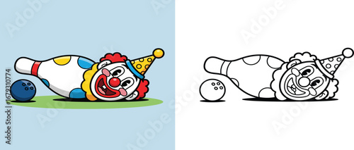 Happy Clown Bowling Pin Cartoon Character with Ball Illustration - Fun and Playful Sport Graphic