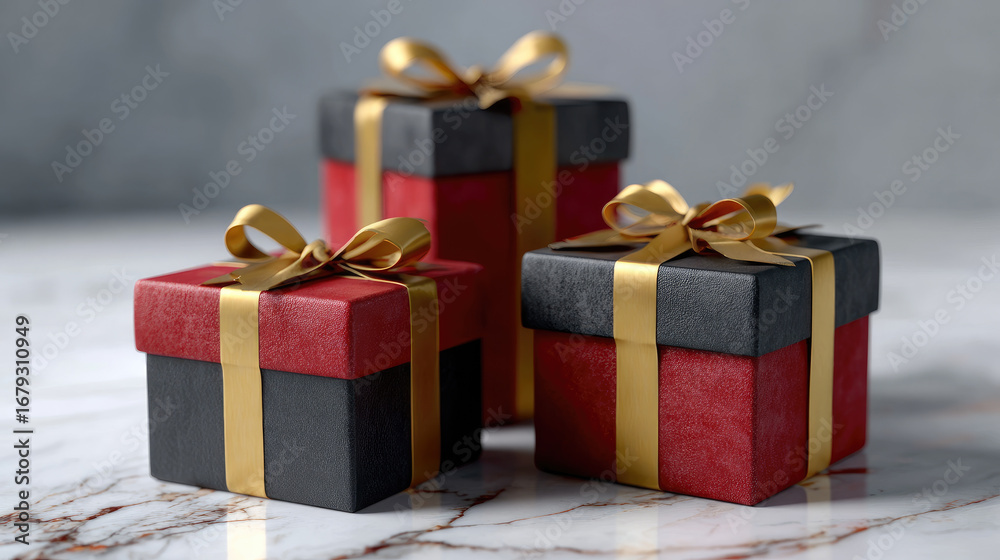 Obraz premium Stylish red and black gift boxes with golden ribbons create festive atmosphere, perfect for celebrations and special occasions. These elegant presents add charm to any event